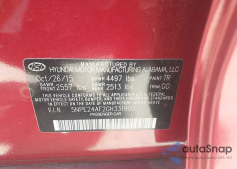 2016 Hyundai Sonata Se из США, поврежденный, VIN 5NPE24AF2GH331900